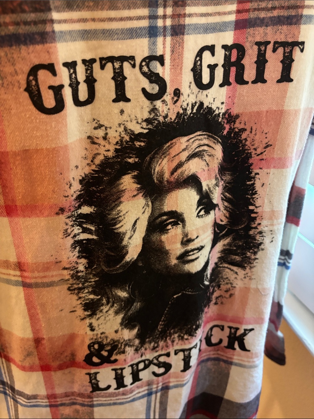 Handmade one of a kind Dolly Parton Plaid Button-Up Distressed Flannel - Picture 6 of 6